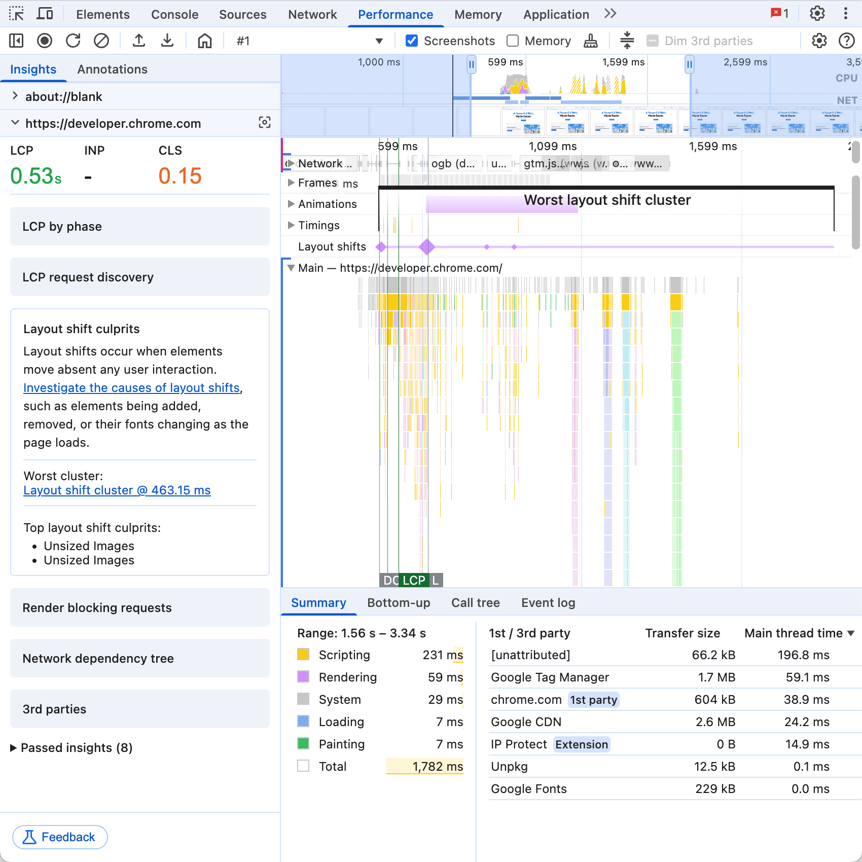Der Bereich „Leistung“ der Entwicklertools mit der Seitenleiste „Statistiken“ auf der linken Seite, in der eine Liste der Statistiken für den Trace angezeigt wird