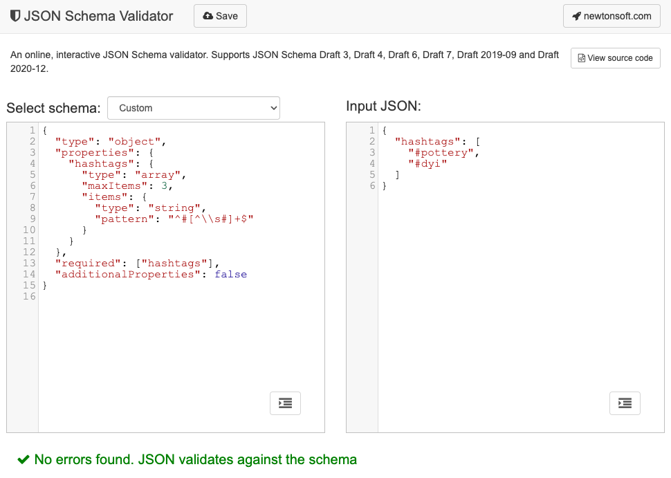 Convalida di un oggetto JSON rispetto a uno schema JSON in uno strumento di convalida dello schema JSON.