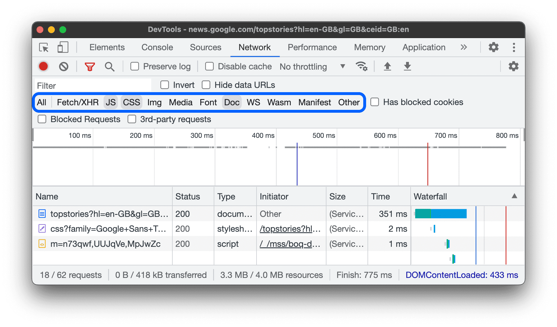 Usar los filtros de tipo para mostrar recursos de CSS y documentos