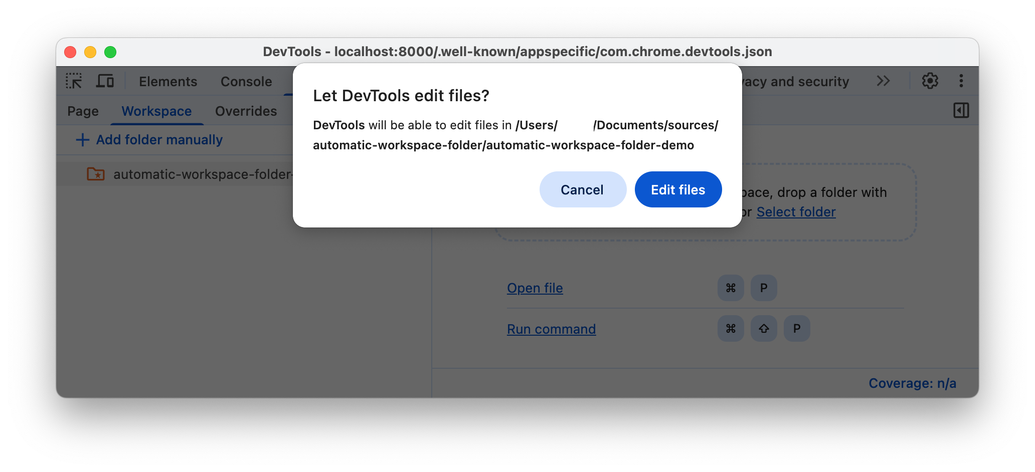 Solicitação para permitir que as DevTools acessem a pasta.